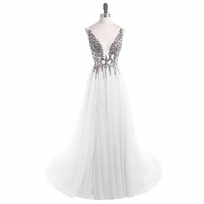 Women's Tulle Prom Dress V Neck Sequin Wedding Bridesmaid Dress