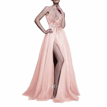 Women's Tulle Prom Dress V Neck Sequin Wedding Bridesmaid Dress