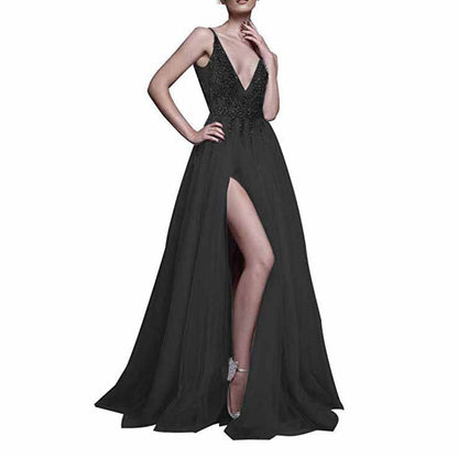 Women's Tulle Prom Dress V Neck Sequin Wedding Bridesmaid Dress