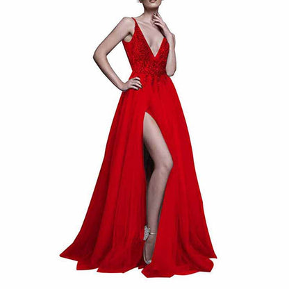 Women's Tulle Prom Dress V Neck Sequin Wedding Bridesmaid Dress