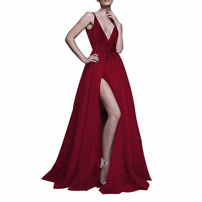 Women's Tulle Prom Dress V Neck Sequin Wedding Bridesmaid Dress