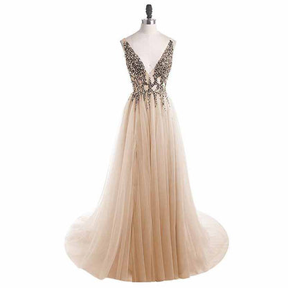 Women's Tulle Prom Dress V Neck Sequin Wedding Bridesmaid Dress
