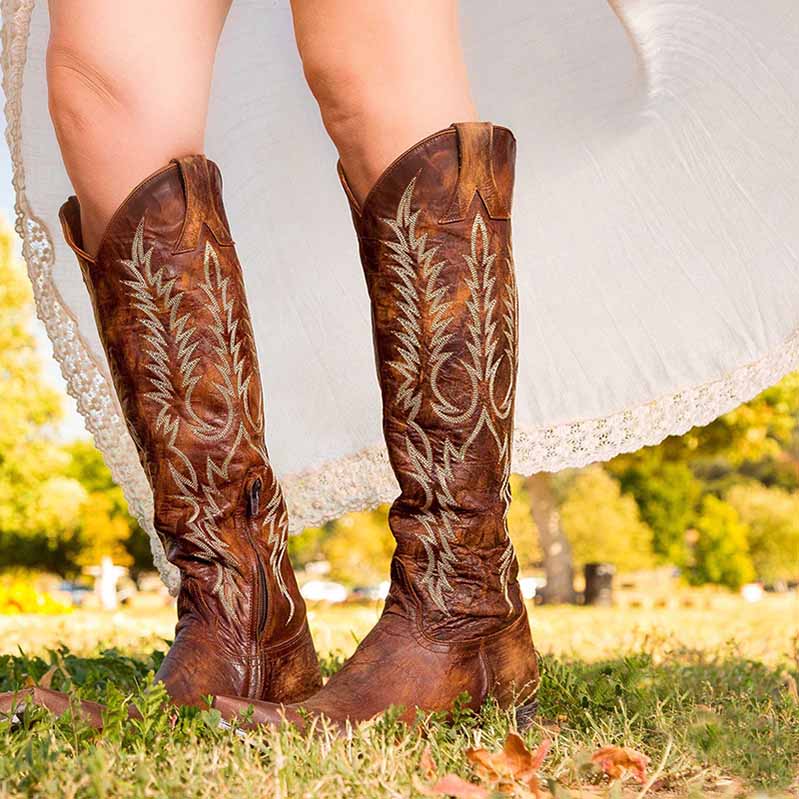Women's Cowgirl Cowboy Square Toe Leather Embroidered Boots