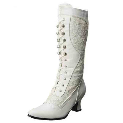 Women's Bridal Lace Boots Stacked Low Heeled Wedding Boot