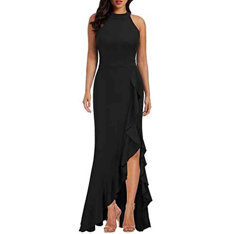 Women High Neck Split Bodycon Mermaid Evening Cocktail Maxi Dress