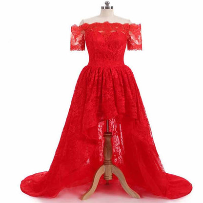 Women's Off Shoulder Prom Dresses High Low Puffy Formal Lace Evening Ball Gowns