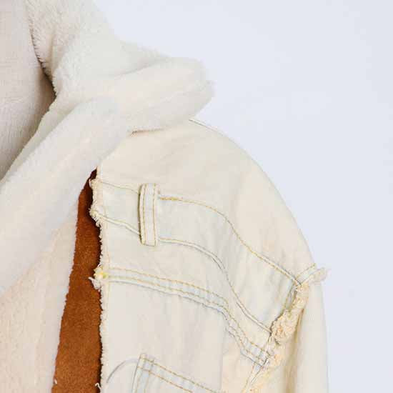 Women Denim Outwear Warm Jacket Patchwork Short Wool Coat