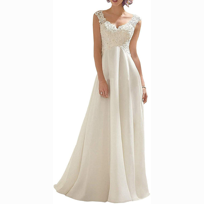 Women's Wedding Dress Lace Double V-Neck Sleeveless Evening Dress Long ...