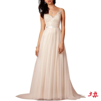 sd-hk Bride V-Neck A-line Lace Tulle Long Beach Wedding Dress for Women