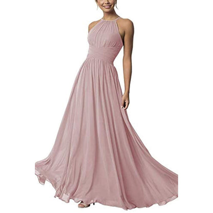 Elegant country chiffon bridesmaid dress in soft pink with a flowing design and halter neckline