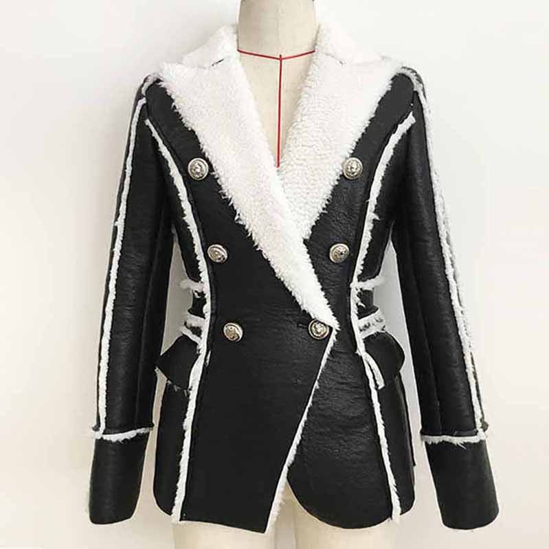 Women Fur Lined Leather Jacket Double Breasted Black Leather Full Collar Jacket