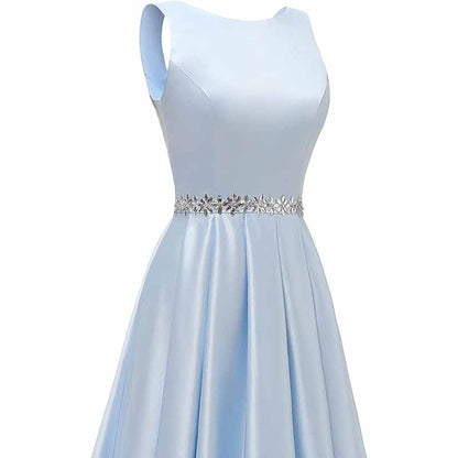 Women Long Prom Dress Satin A-Line with Beaded Belt Formal Evening Gown