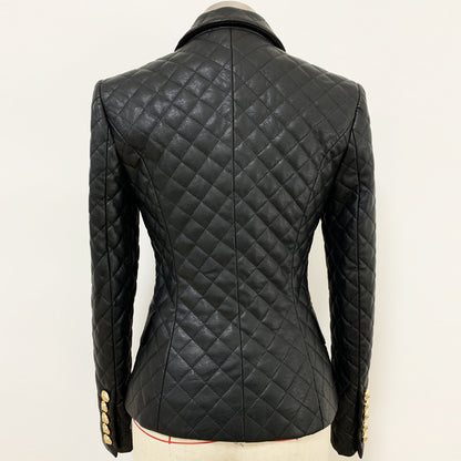 Women Slim-fit PU Leather Jacket Double Breasted Blazer In Black