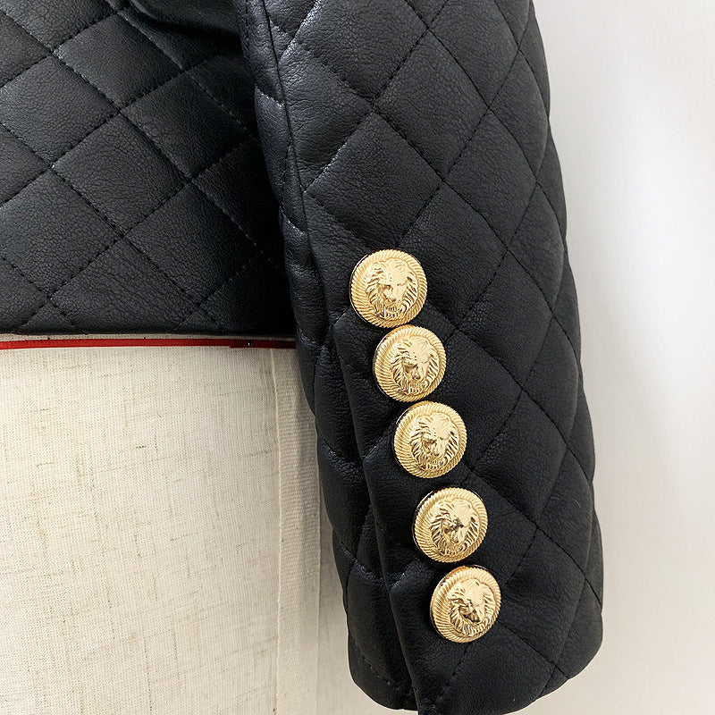 Women Slim-fit PU Leather Jacket Double Breasted Blazer In Black