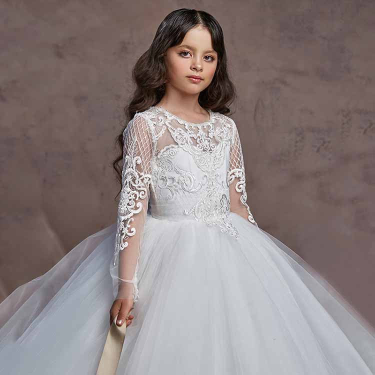 maxi flower girl dresses lace and tulle Long Princess Lace Organza Tulle Jewel Neck Maxi Party Birthday Pagean BIZTUNNEL