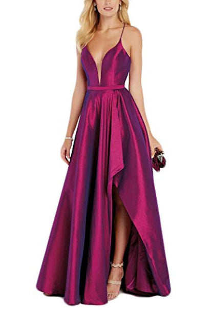 Women's Sexy Satin Deep V Neck Backless Hi Lo Prom Party Evening Dress