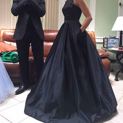 Satin Prom Dresses Long A Line with Pockets Formal Evening Ball Gowns