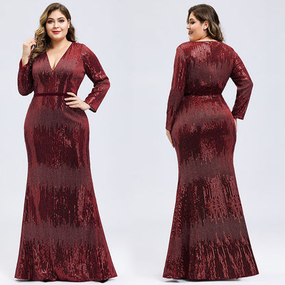 sd-hk Women's Long Sleeve Sequin Floor-Length Mermaid Dress Wine Red