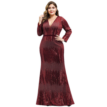 sd-hk Women's Long Sleeve Sequin Floor-Length Mermaid Dress Wine Red