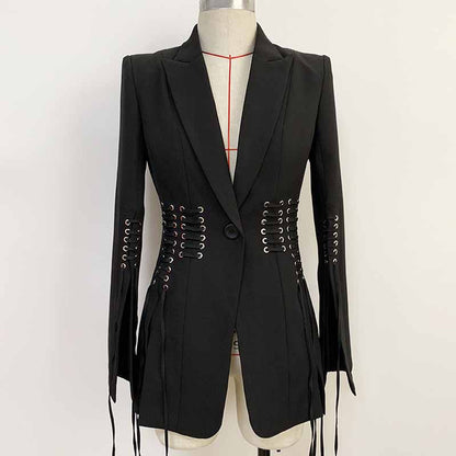 Women’s Lace-Up Design Black Blazer One-Button Split Suit Jacket
