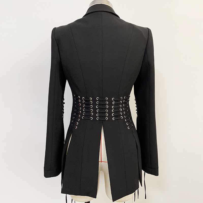 Women’s Lace-Up Design Black Blazer One-Button Split Suit Jacket