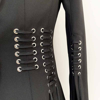 Women’s Lace-Up Design Black Blazer One-Button Split Suit Jacket