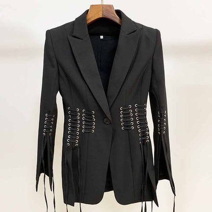Women’s Lace-Up Design Black Blazer One-Button Split Suit Jacket