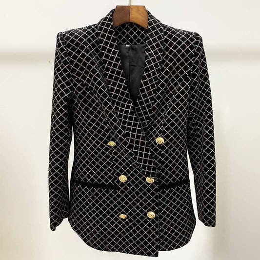 Women Gold Check Blazer Double Breasted Black Fashion Jacket