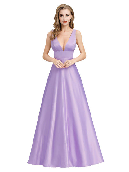 Women's Purple Prom Gown Double V-Neck Floor-Length Bridesmaid Dress