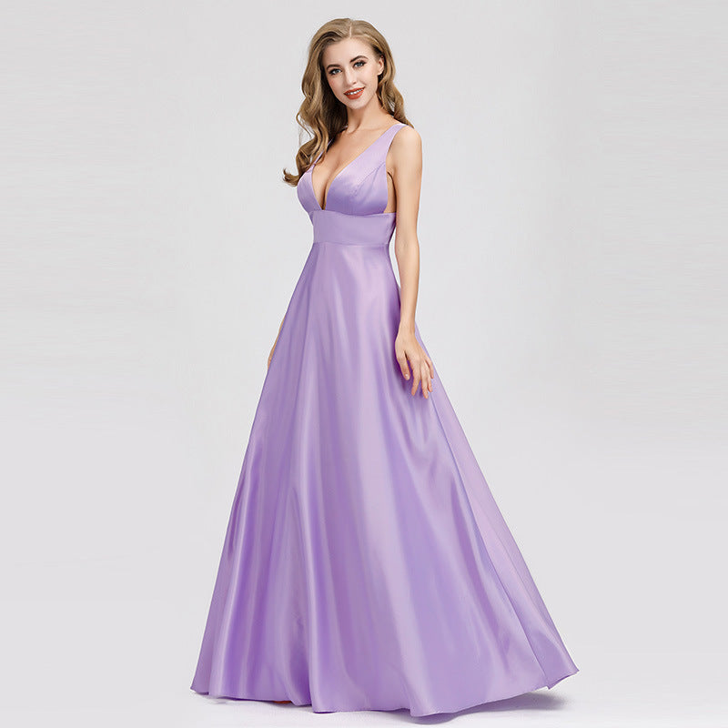 sd-hk Women's Purple Double V-Neck Floor-Length Bridesmaid Dress