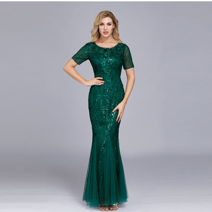 Women Maxi Sequin Bridesmaid Prom Dresses O Neck Half sleeve Party Dress