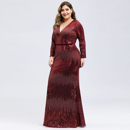 sd-hk Women's Long Sleeve Sequin Floor-Length Mermaid Dress Wine Red