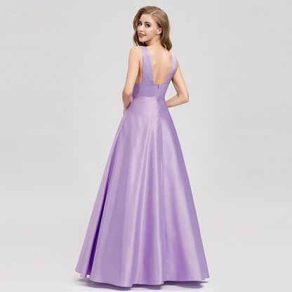 Women's Purple Prom Gown Double V-Neck Floor-Length Bridesmaid Dress