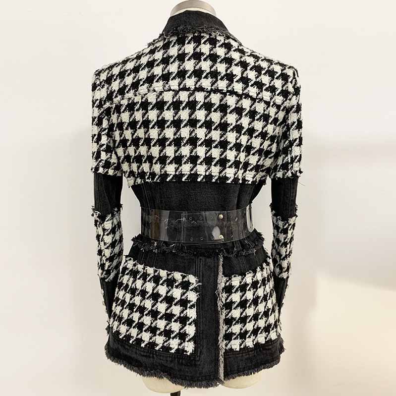 Vintage Tweed Patchwork Blazer For Women Silm Fitted One Button Jacket Coat