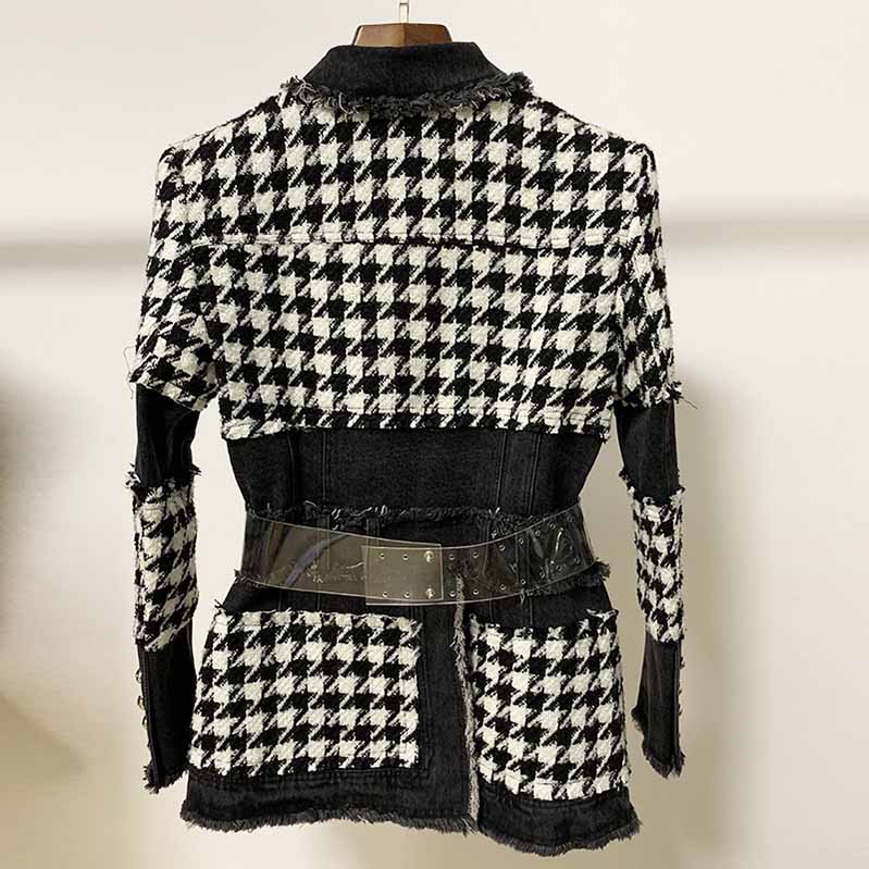 Vintage Tweed Patchwork Blazer For Women Silm Fitted One Button Jacket Coat
