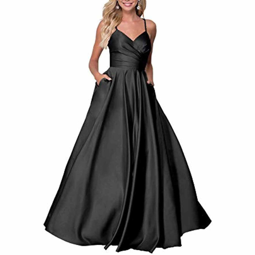 A Line Spaghetti Straps Satin Black Dress