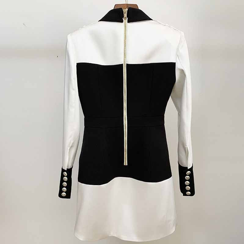 Long Sleeves Collar Color-block Black and white Mini Dress