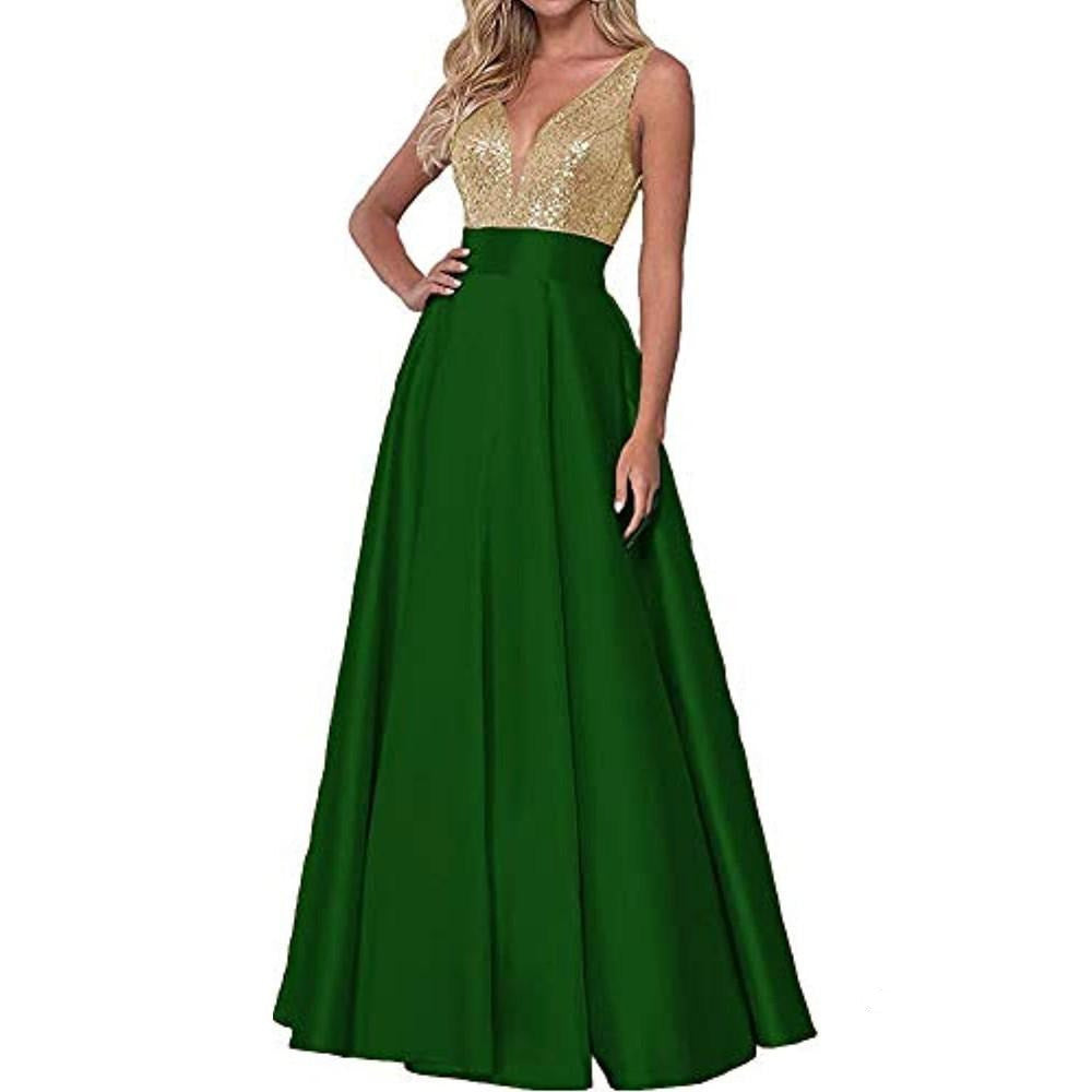 gold and green long party dress