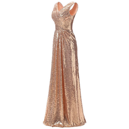 sd-hk Long Sequin Gowns V Neck Sleeveless Prom Dress For Party