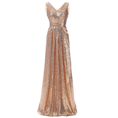 sd-hk Long Sequin Gowns V Neck Sleeveless Prom Dress For Party