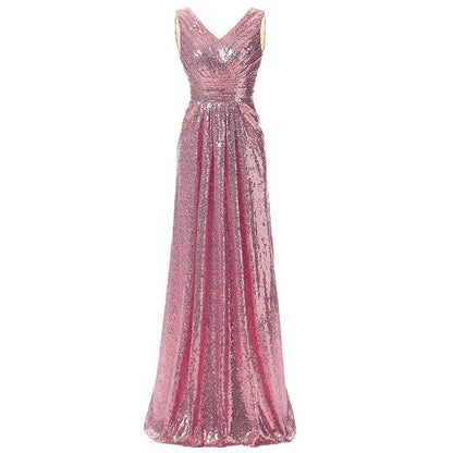 sd-hk Long Sequin Gowns V Neck Sleeveless Prom Dress For Party