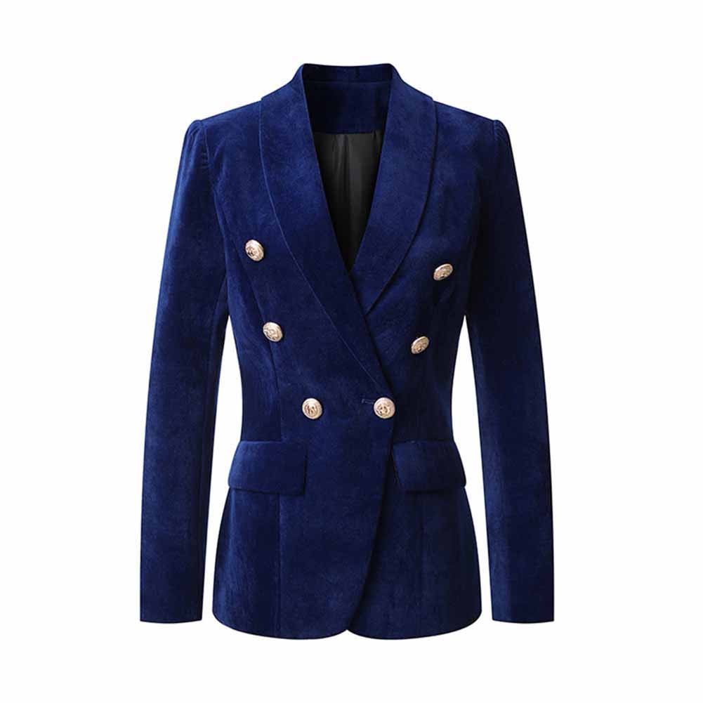 Women V-Neck Double Breasted Gold Buttons Dark Blue Blazer Jacket