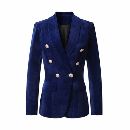 Women V-Neck Double Breasted Gold Buttons Dark Blue Blazer Jacket