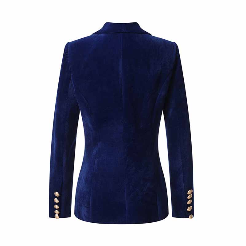 Women V-Neck Double Breasted Gold Buttons Dark Blue Blazer Jacket