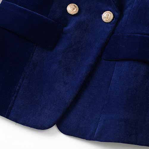 Women V-Neck Double Breasted Gold Buttons Dark Blue Blazer Jacket