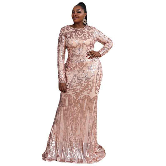 Women Plus Size Sequin Gown Dress Elegant Maxi Gowns with Sleeves