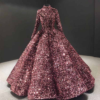 Ball Gown Sequins Ruffles Halter Long Sleeves Floor-Length Stand Collar Ball Dresses