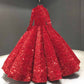 Ball Gown Sequins Ruffles Halter Long Sleeves Floor-Length Stand Collar Ball Dresses