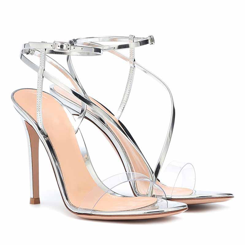 Clear Heels Sandals Silver Ankle Strap Sexy High Heeled Stiletto Dress Shoes