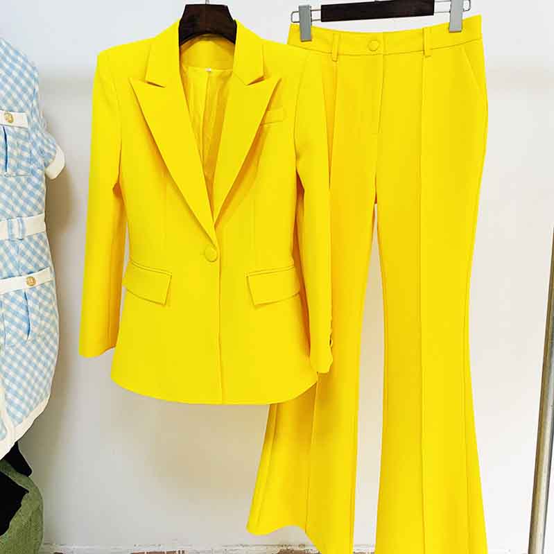 Women's Yellow Pantsuit Blazer+High Waisted Flare Pants Suit Wedding Pantsuit